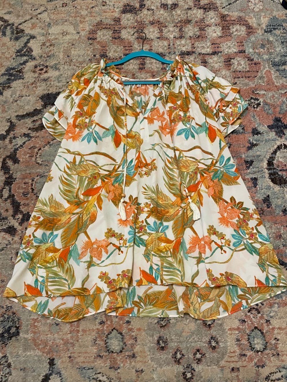 Rose & Olive Cream Floral Off-Shoulder Tunic with Orange & Teal Accents